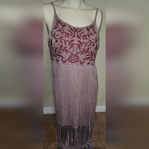 POL Dress Large Mauve Maxi Fringe Spaghetti  Strap Stretch Jersey Knit Comfy NWT